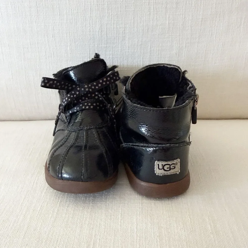 UGG Kids Size 11 Black Patent Duck Boots Star Laces Side Zipper Lynde